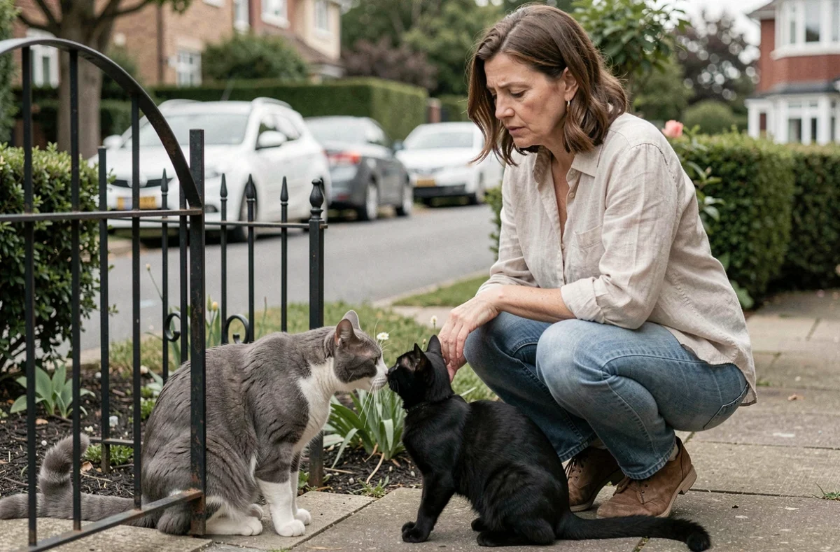 Une femme observe son chat gris et blanc rencontrer un chat noir voisin à travers un portail en fer dans un jardin de banlieue
