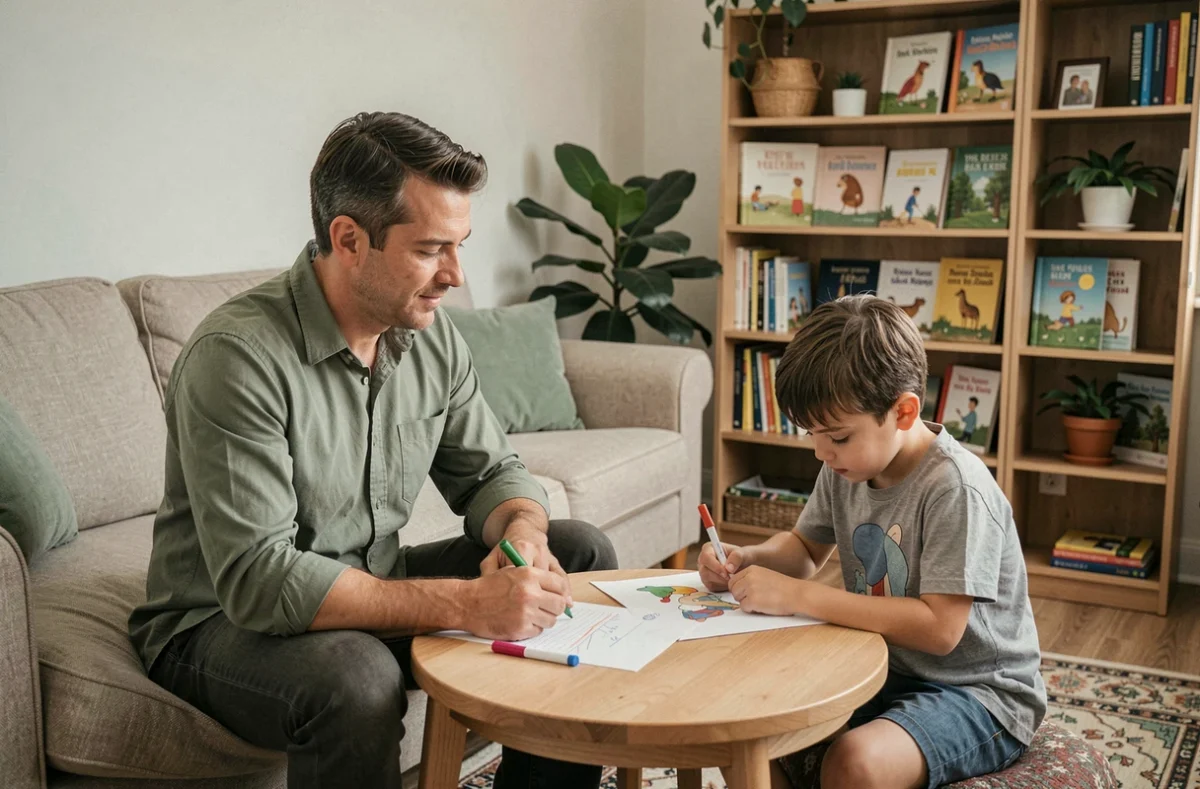 Un psychologue pour enfants écoute un jeune garçon qui dessine lors d'une séance de soutien dans un cabinet aménagé