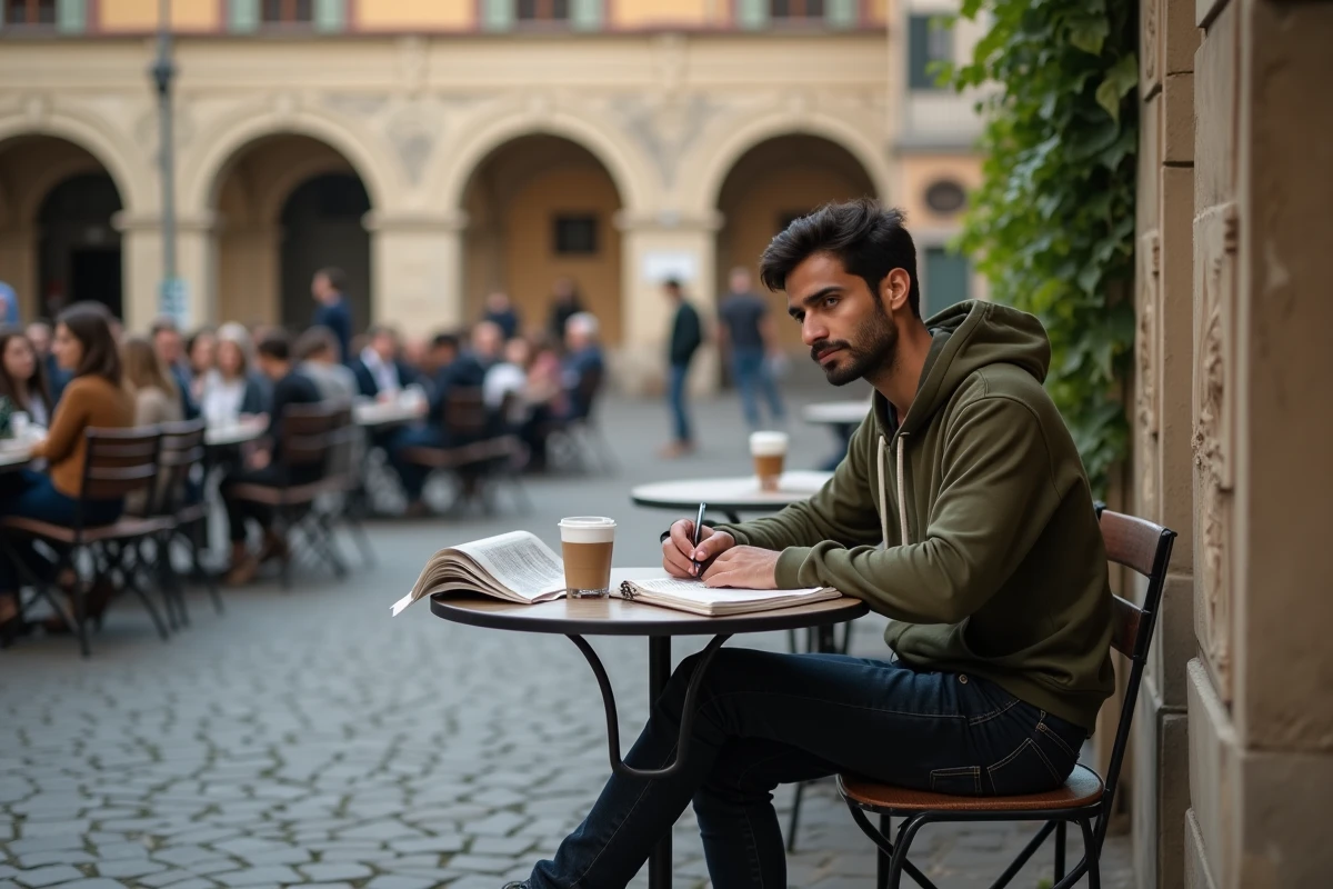 Jeune homme rédigeant ses réflexions dans un journal personnel en terrasse de café, évoquant la pensée individuelle et l'engagement citoyen
