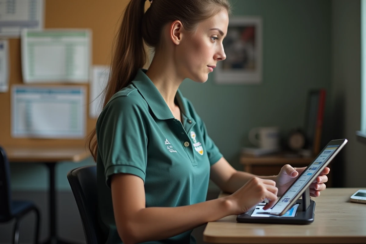 Responsable de club consultant les classements de district en temps réel sur tablette numérique