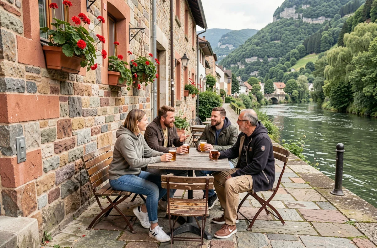 Groupe d'amis attablés à une terrasse de café dans le quartier du Grund à Luxembourg avec vue sur la vallée de l'Alzette