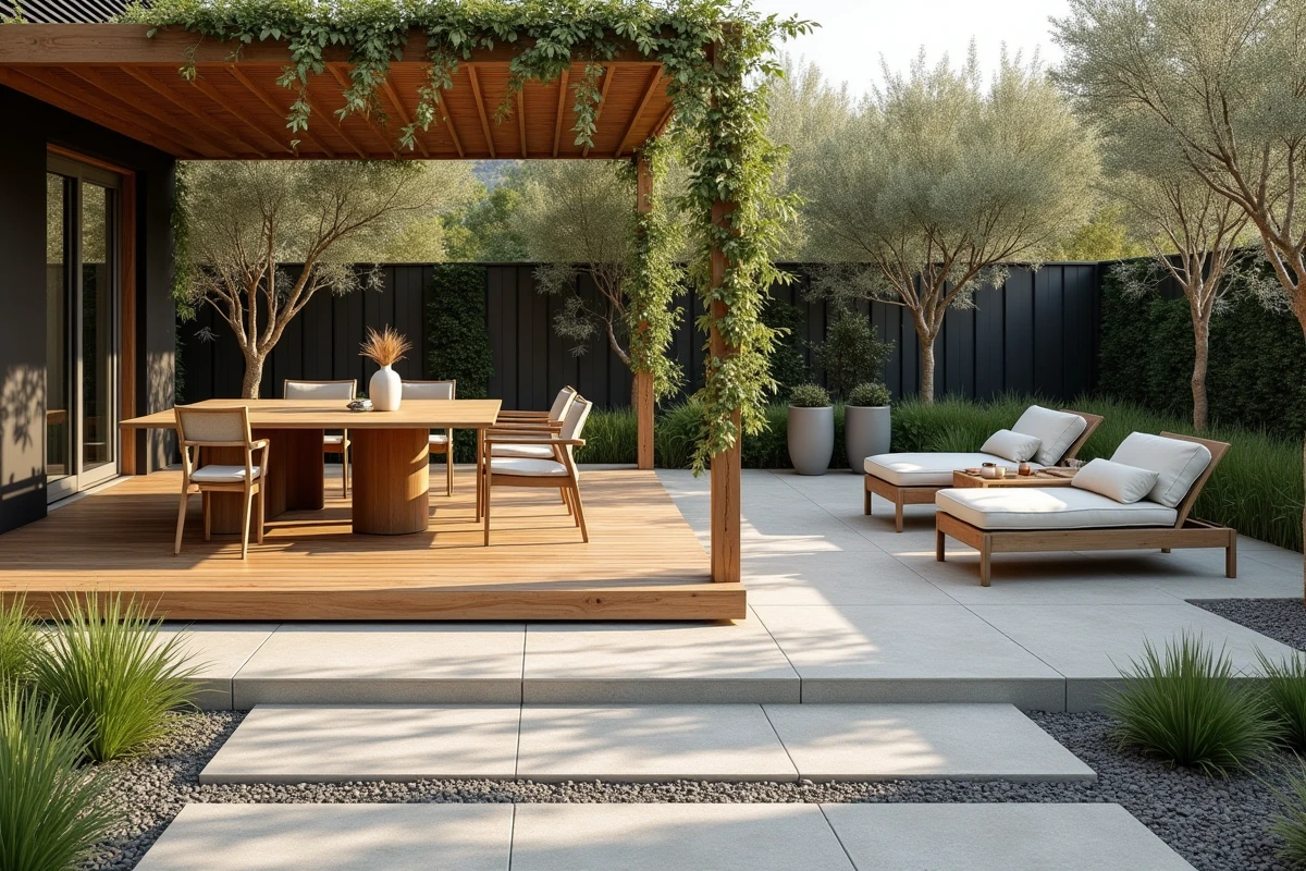 Terrasse en matériaux mixtes associant bois, béton et galets comme point d'ancrage central du jardin