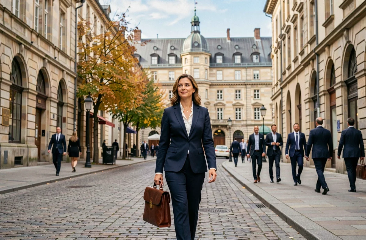 Femme professionnelle en blazer marine marchant dans les rues historiques de Luxembourg-Ville avec le Palais Grand-Ducal en arrière-plan