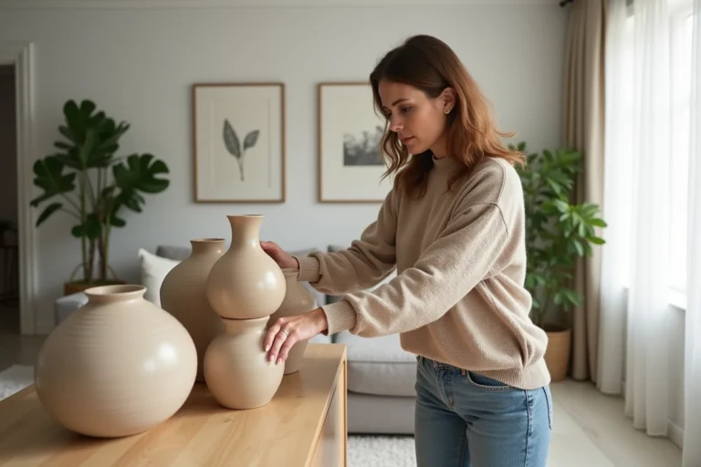 Femme arrangeant des vases en céramique dans un salon moderne