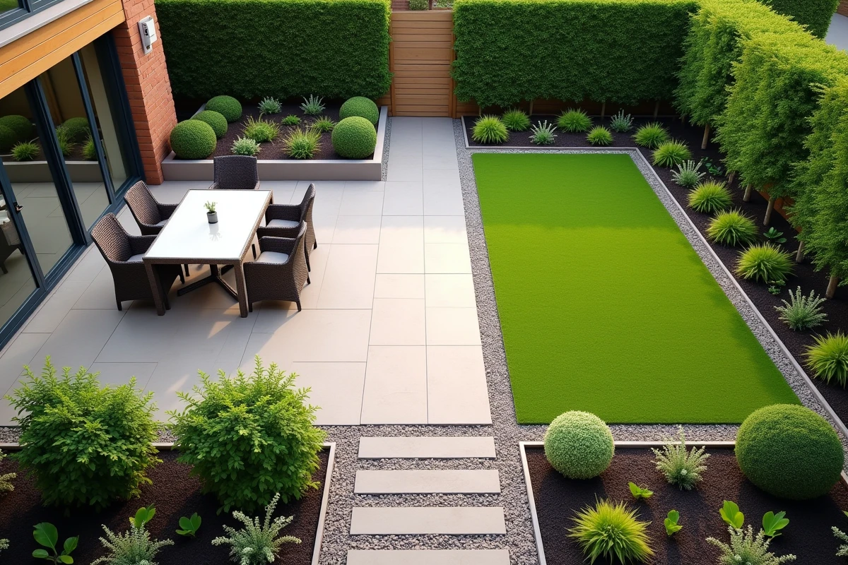 Jardin structuré en plusieurs zones d'usage distinctes séparées par des allées et des bordures végétales